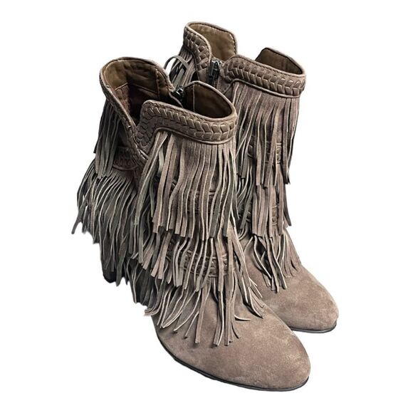 Women’s SAM EDELMAN Kaleb Taupe HEELED FRINGE Bootie Size 8 - Picture 5 of 9